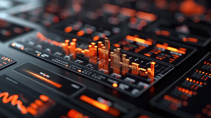 Obraz premium Modern business finance interface with holographic data visualization, showcasing vibrant orange graphs and charts against dark background, representing financial analytics and trends