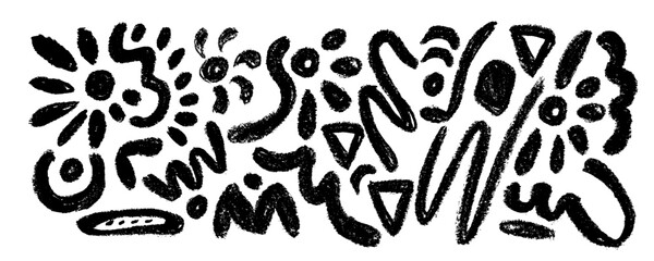 Hand drawn charcoal scribbles, squiggles,  bold dots, curly lines and swirl. Brush stroke lines, squiggles, daubs isolated on white background. Black crayon sketches, charcoal doodle drawings.