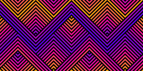 Vector geometric seamless pattern with zig zag lines, stripes, chevron. Abstract sport style urban graphic texture. Trending background design in 1980s - 1990s style. Modern fashionable neon gradient