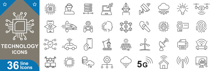 Technology line icons set. Cloud computing, robot, data server, Wi-Fi signal, smartphone, laptop, security and more. vector illustrator.