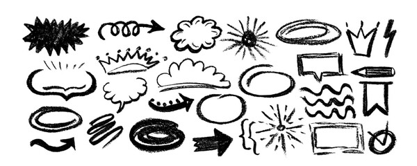 Set of hand drawn pencil speech bubbles, arrow, crown, tick, highlight text elements. Charcoal doodle check mark,  frame, pencil stroke,  line,  icon.