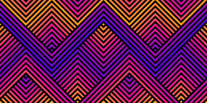 Vector geometric seamless pattern with zig zag lines, stripes, chevron. Abstract sport style urban graphic texture. Trending background design in 1980s - 1990s style. Modern fashionable neon gradient