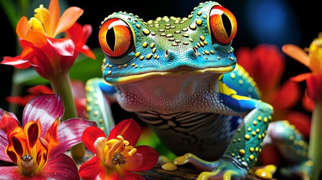 Colorful poison dart frog posing on a branch surrounded by flowers