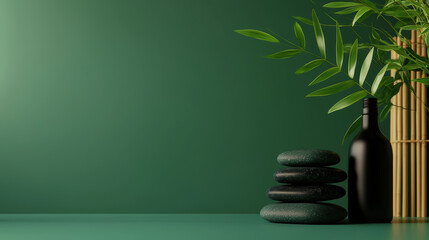 Zen arrangement featuring stones, bamboo, and foliage on a green backdrop.