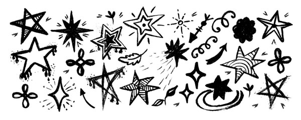 Set stars and meteorite doodle style  drawn by hand. Grunge scrawls, charcoal scribbles, rough brush strokes, underline. Bold charcoal freehand stars. 