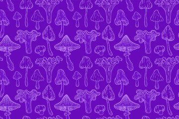 Magic mushrooms seamless pattern. Psychedelic hallucination. 60s hippie art in purple. Vintage psychedelic textile, fabric, wrapping, wallpaper. Vector repeating illustration.