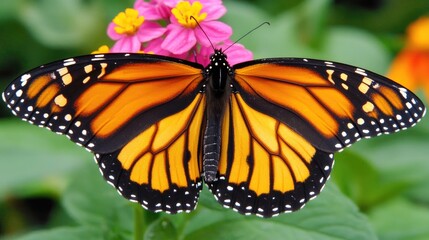 Fototapeta premium Vibrant Butterfly Resting on Colorful Flowers