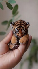 Obraz premium Cute Miniature Tiger Cub in Palm and Fingertip, Photo Realistic, Texture, Pattern Background, Wallpaper, Cover and Screen for Smartphone, PC, Laptop, 9:16 and 16:9 Format