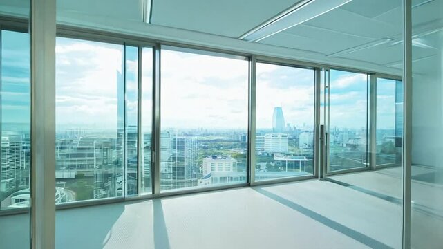 view of a empty modern office space with glass doors and windows, featuring natural light and bright colors., zoom in. 4K quality