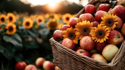 A wicker basket filled with red apples and sunflowers in an outdoor setting with a field of sunflowers and sunset in the background