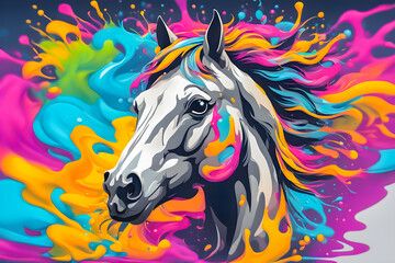illustration of horse face design and colorful liquid splashing on the abstract background.