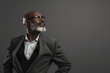 Fototapeta premium A man in a suit and glasses is looking up at the camera. He is confident and in control
