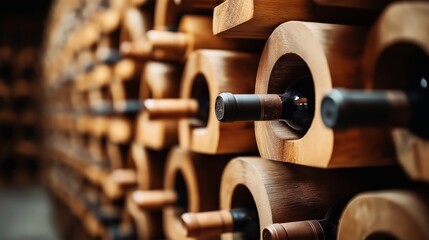 Close-up of wine bottles stored horizontally in a wooden wine cellar rack system, showcasing organized wine storage with a focus on bottle necks and corks.