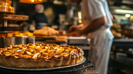 Freshly baked apple pie with a golden crust baker