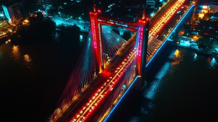 Obraz premium A brightly lit bridge spanning a river at night.
