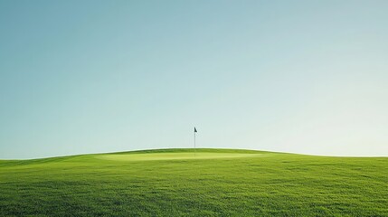 A single green flag stands atop a grassy hill on a golf course under a clear blue sky.