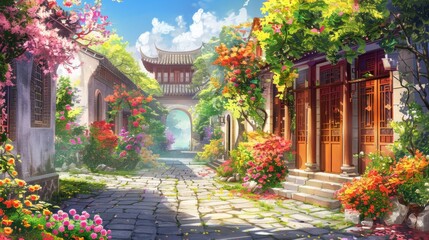 Obraz premium A serene courtyard with traditional architecture, vibrant red and pink flowers, and a large tree with red leaves. Sunlight filters through, creating a peaceful and picturesque scene.