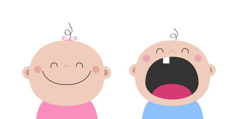 Baby boy girl twins crying smiling emotion. Child toddler icon. Kid infant head with tooth. Cute cartoon character. Invitation, greeting card, poster sticker print. Flat design White background Vector