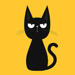 Cute sitting cat. Sad angry face head. Funny kitten. Black silhouette icon. Long ears. Kawaii pet animal. Happy Halloween. Cartoon funny character. Childish style. Flat design Yellow background Vector