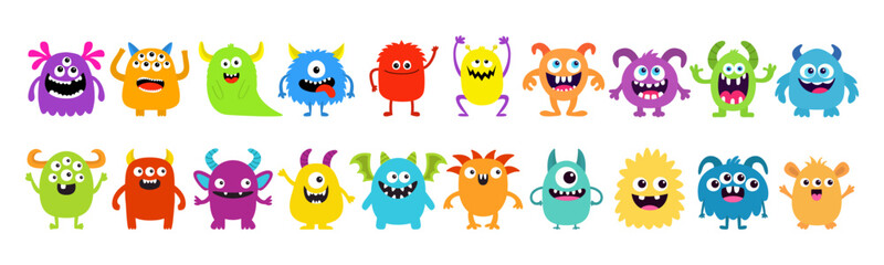 Monster set line. Colorful silhouette monsters. Happy Halloween. Cute kawaii cartoon funny boo character. Different face. Teeth, eyes, horns, hands. Childish style. Flat design White background Vector