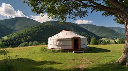 A panoramic shot of a yurt from afar, tourist attraction, natural, yurts, summer, lake, outdoor