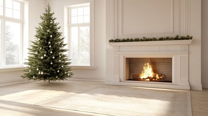 Christmas tree standing beside a fireplace in an empty room with white rug in front. High-quality photography and photorealistic rendering capture the serene holiday setting.