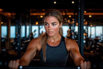Fototapeta premium A woman in a gym wears a dark gray top, visibly focused during her weight training session. The environment is energetic, fostering discipline and self-improvement.