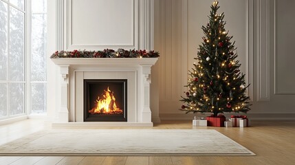 Christmas tree standing beside a fireplace in an empty room with white rug in front. High-quality photography and photorealistic rendering capture the serene holiday setting.