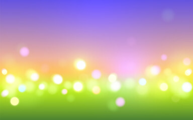 Dreamy Sunset Bokeh with Soft Green Field, Blurred Light Effect of Sunset Colors in Pastel Shades. Background decoration