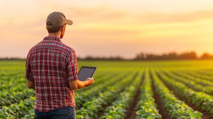 A farmer using a tablet in a green field during sunset, showcasing modern farming technology and practices.