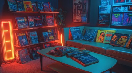 Artistic shot of a rare collection of 1950s sci-fi pulp magazines, arranged on a retro coffee table with neon lighting.