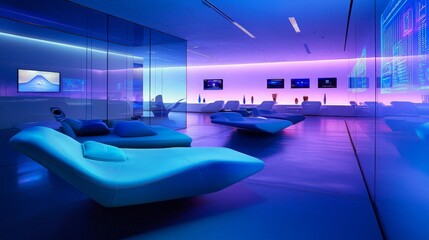 Futuristic lounge with blue and purple lighting, featuring comfortable, modern furniture, a glass wall, and screens displaying abstract graphics.