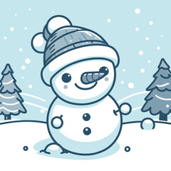 Cute smiling snowman with hat on background of fir trees. Vector illustration.