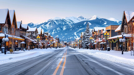 serene winter scene of snow covered city streets adorned with holiday lights, surrounded by majestic mountains. atmosphere is festive and tranquil, inviting exploration