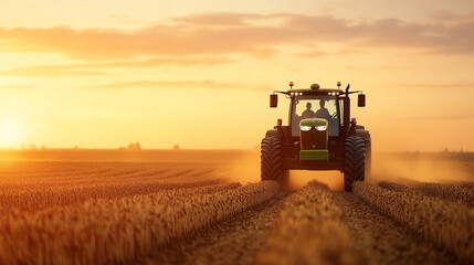 Fototapeta premium A tractor working in a golden field during sunset, creating dust clouds while harvesting, showcasing agricultural activity in a serene rural landscape.