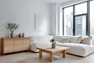 Fototapeta premium Minimalist, modern Scandinavian interiors in the living room with white-finished walls and sofas and wood cabinets and tables. Generative AI 