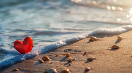 Fototapeta premium A red heart-shaped object rests on a sandy beach with waves and seashells.