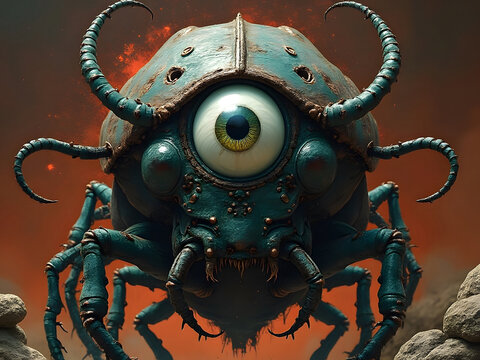 Abstract dystopian artwork of a giant one eyed cyclops beetle with rustic background