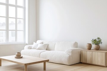 Minimalist, modern Scandinavian interiors in the living room with white-finished walls and sofas and wood cabinets and tables. Generative AI
