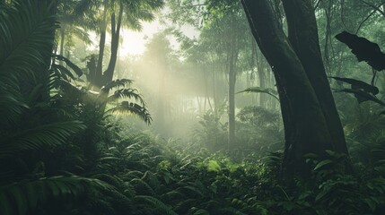Sunlight shining through the dense foliage of a tropical rainforest with misty air.