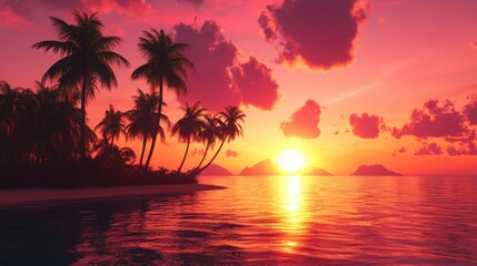 A sunset over a tropical island, with palm trees silhouetted against the vibrant orange and pink sky