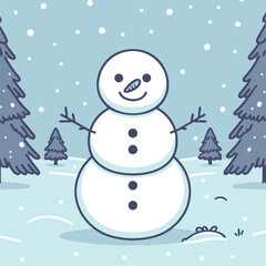 Cute smiling snowman with hat on background of fir trees. Vector illustration.