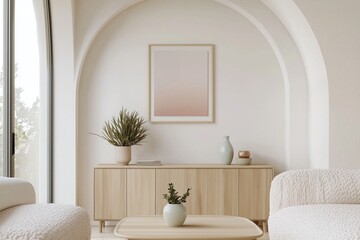 Fototapeta premium A modern Scandinavian interior in the living room, with minimalist, sofa and wood cabinetry and accentuated by arched construction. Generative AI 