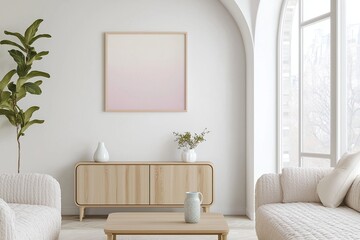 A modern Scandinavian interior in the living room, with minimalist, sofa and wood cabinetry and accentuated by arched construction. Generative AI
