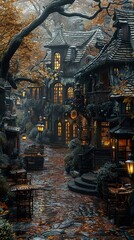 Fototapeta premium Enchanted Medieval Town Street at Night - Fantasy Architecture