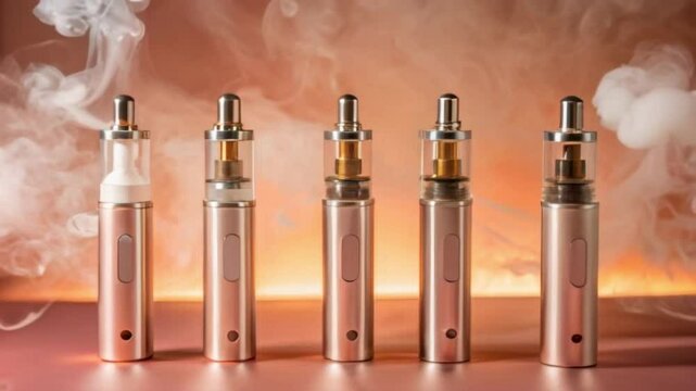 Set of Stylish Vapes with Smoke on Warm Background, Modern Vapor Devices