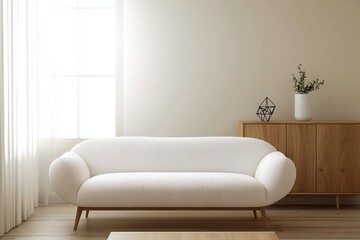Minimalist, contemporary Scandinavian interiors in the living room with windows and white sofas and wood cabinet. Generative AI
