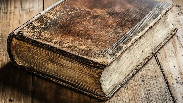 An aged, leather-bound book rests on a weathered wooden surface, its pages hinting at forgotten stories and wisdom.
