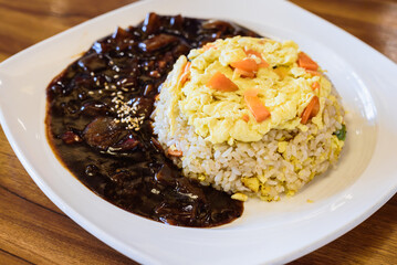 Korean-Chinese Egg Fried Rice with Rich Black Bean Sauce