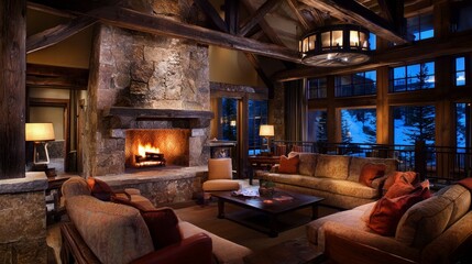Cozy living room with a fireplace, large windows, and rustic decor.